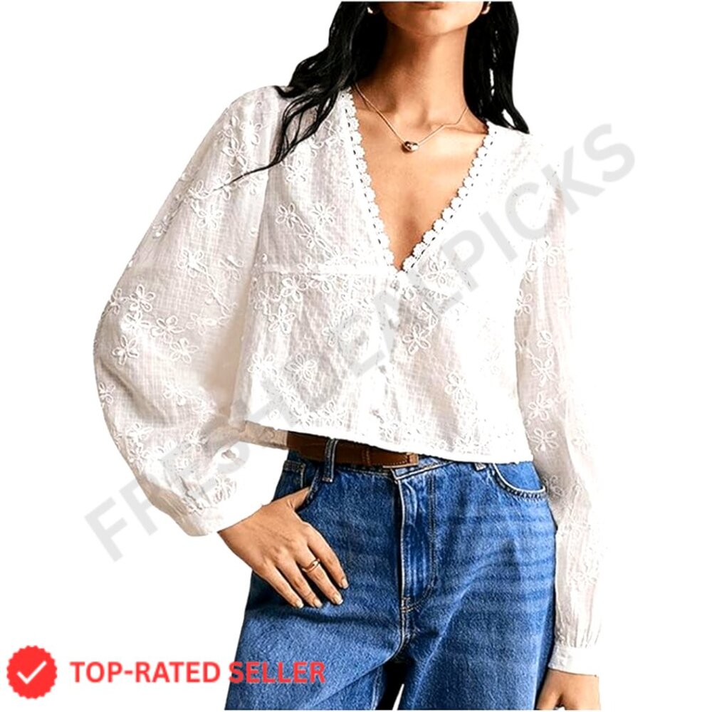 Floral Embroidered Long Sleeve Crop Blouse Sheer Boho Chic Button Top